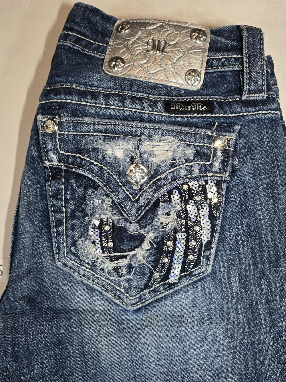 Miss Me Dark Blue Distressed Jeans with Sequin Pocket Size 27